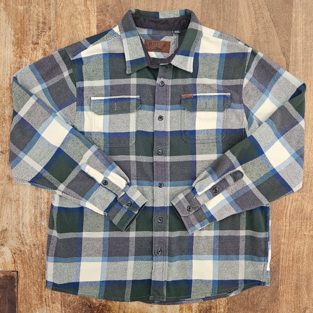 Orvis Big Bear Flannel Shirt Jacket Mens XL Blue Green Heavyweight Outdoors